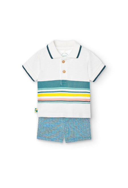 Boy Knit Collar Shirt & Short Set-Blue Stripe