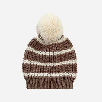 Rib Knit Stripe Tan Hat w/ Pom