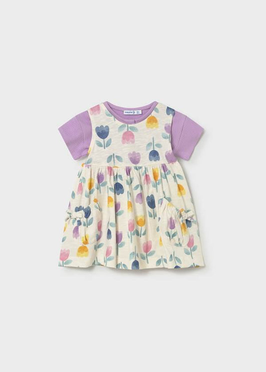 Lilac Floral Pattern Baby Dress w/ SS Button Up