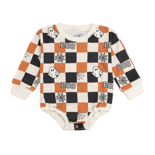 Boo Checkered Halloween LS Romper