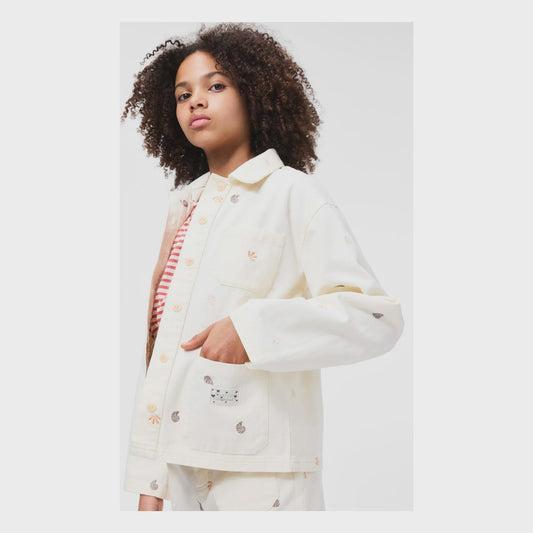 Helene Embroidered Button Up Denim Jacket in White
