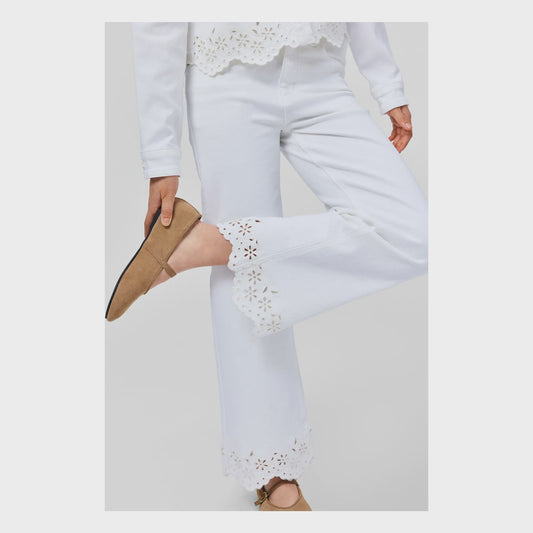 Ava Embroidered Wide Leg Pant in White