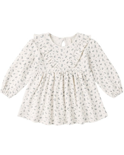LONG SLEEVE RUFFLE V DRESS BLUE DITSY