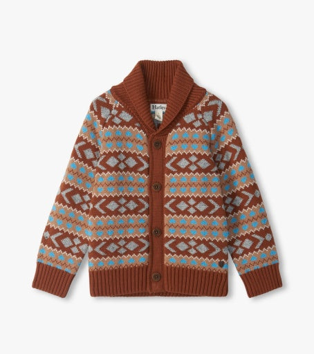 woodsy fair isle shawl collar cardigan