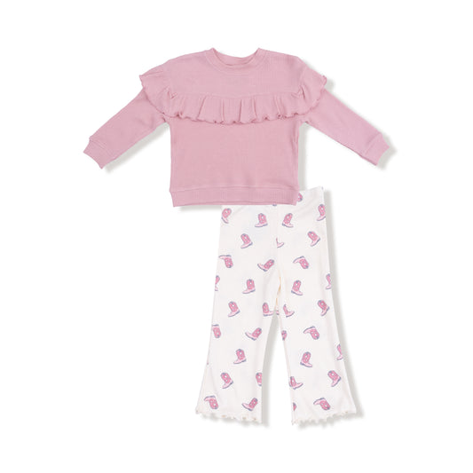 Petite Cowgirl Boots Ruffle Top + Flare Pant