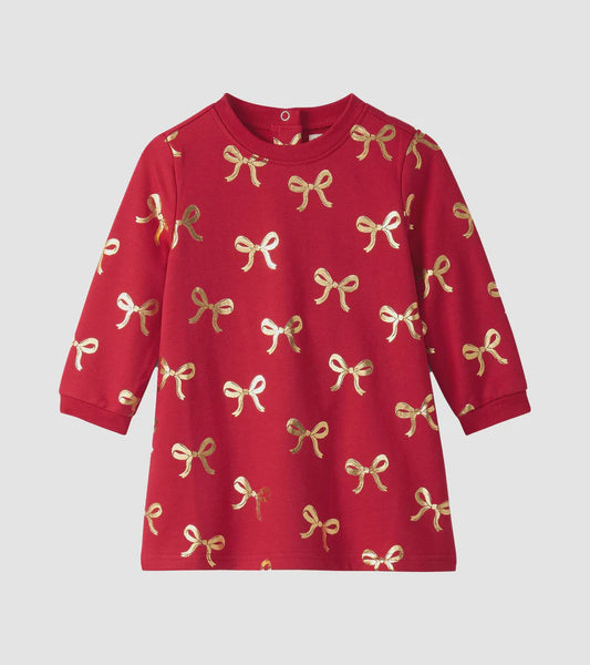Gold Foil Bow Print LS Red Dress