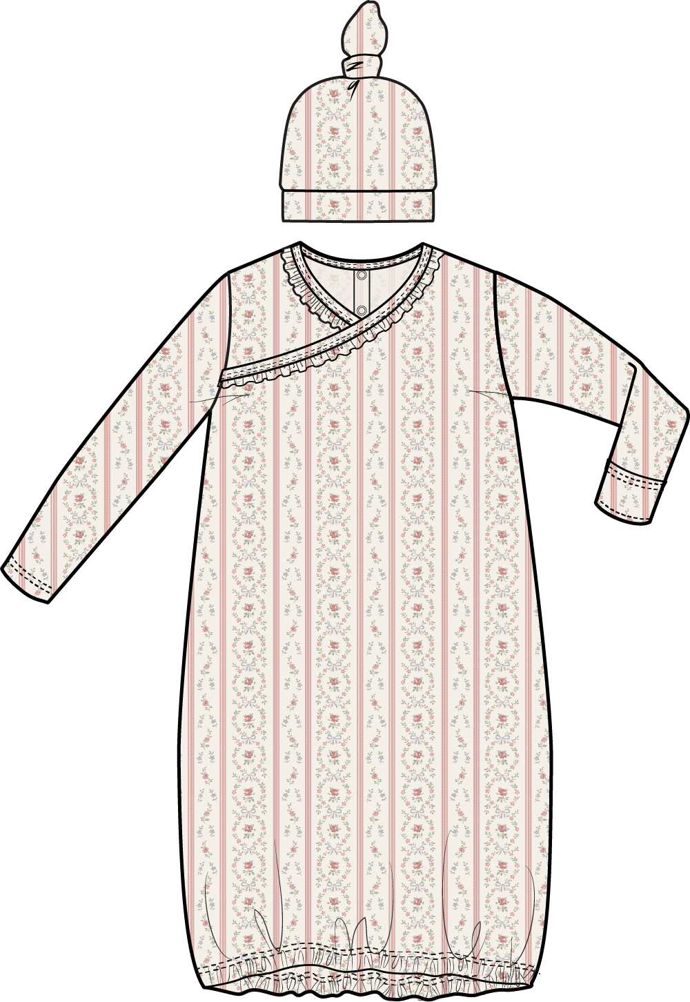 Marnie Rosebud Stripe - Kimono Gown And Knotted Hat