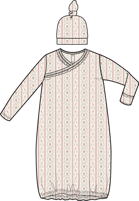 Marnie Rosebud Stripe - Kimono Gown And Knotted Hat