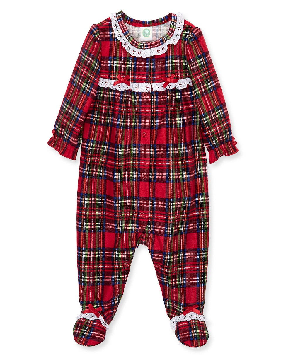 Buttoned Plaid Footie w/ Lace & Bows
