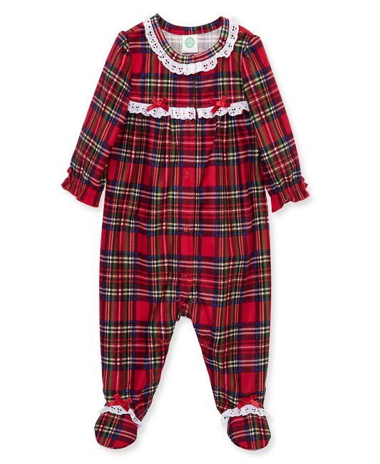 Buttoned Plaid Footie w/ Lace & Bows