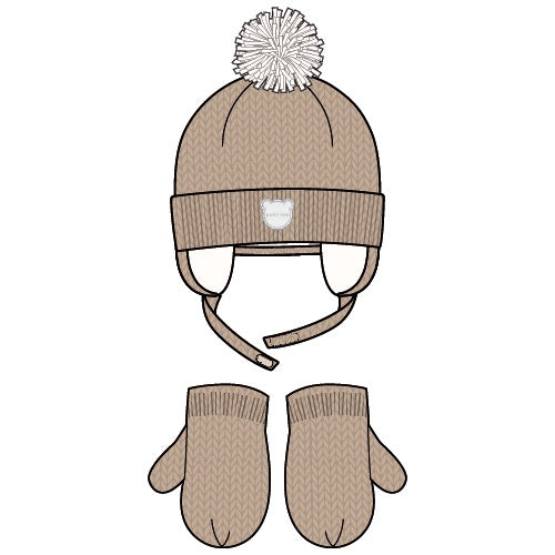 Plain Knit Neutral Pom Hat & Mittens Set