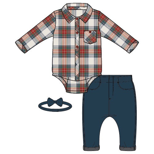 Plaid Flannel, Twill Pants, Bow Tie Set